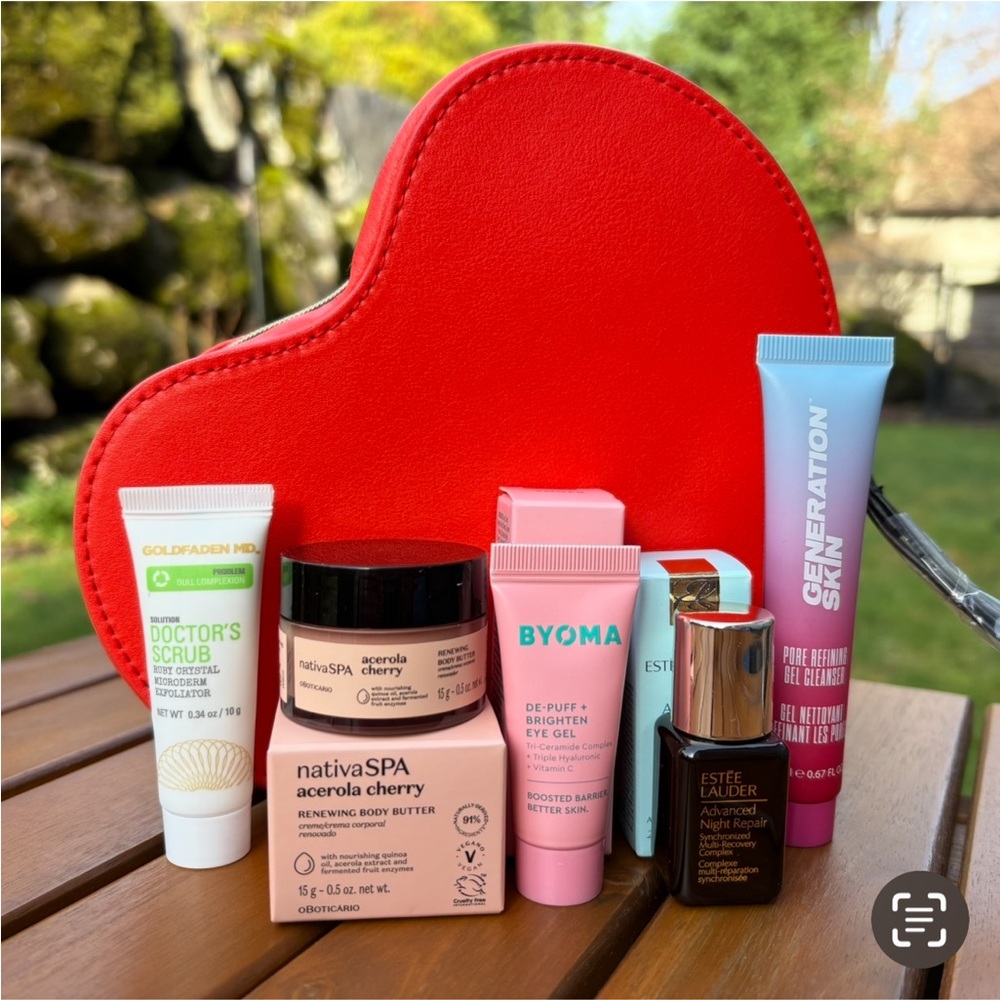 SKINCARE BUNDLE - Includes 6 items in Full Zip Red Heart Pouch Cleanser Eye Gel